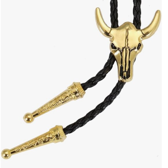 Golden Skull Western Bolo Tie Hat Necklace Accessory - Picture 1 of 5